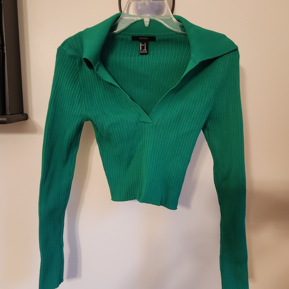 Forever 21 Kelly Green Ribbed Top With Open Collar Juniors Medium
